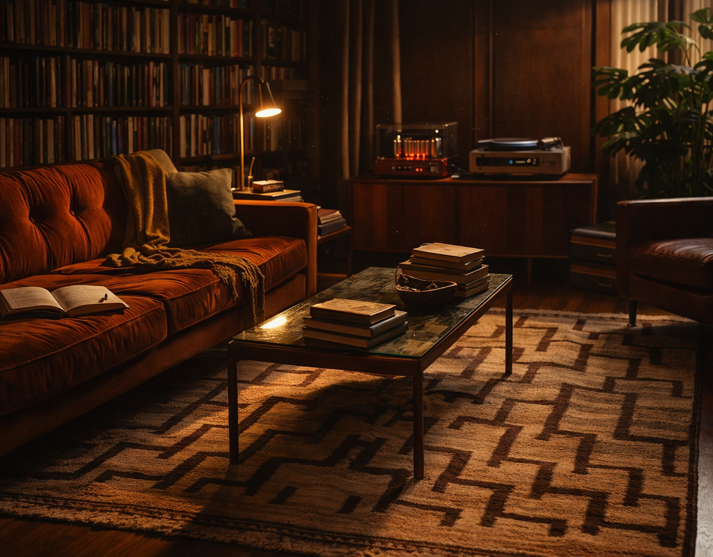 Cozy, dimly lit library with a burnt orange sofa, rich wood, and a geometric patterned area rug. By rugs on net