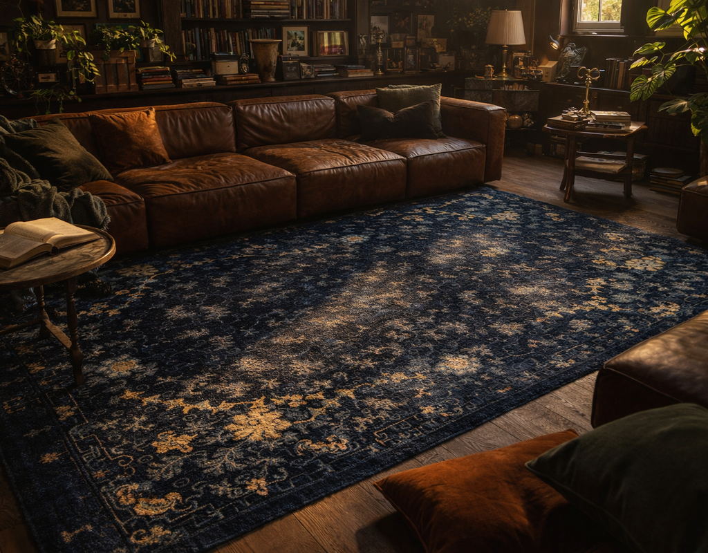 Dark blue distressed oriental rug with gold/tan accents anchors a moody, leather-filled study. By rugs on net