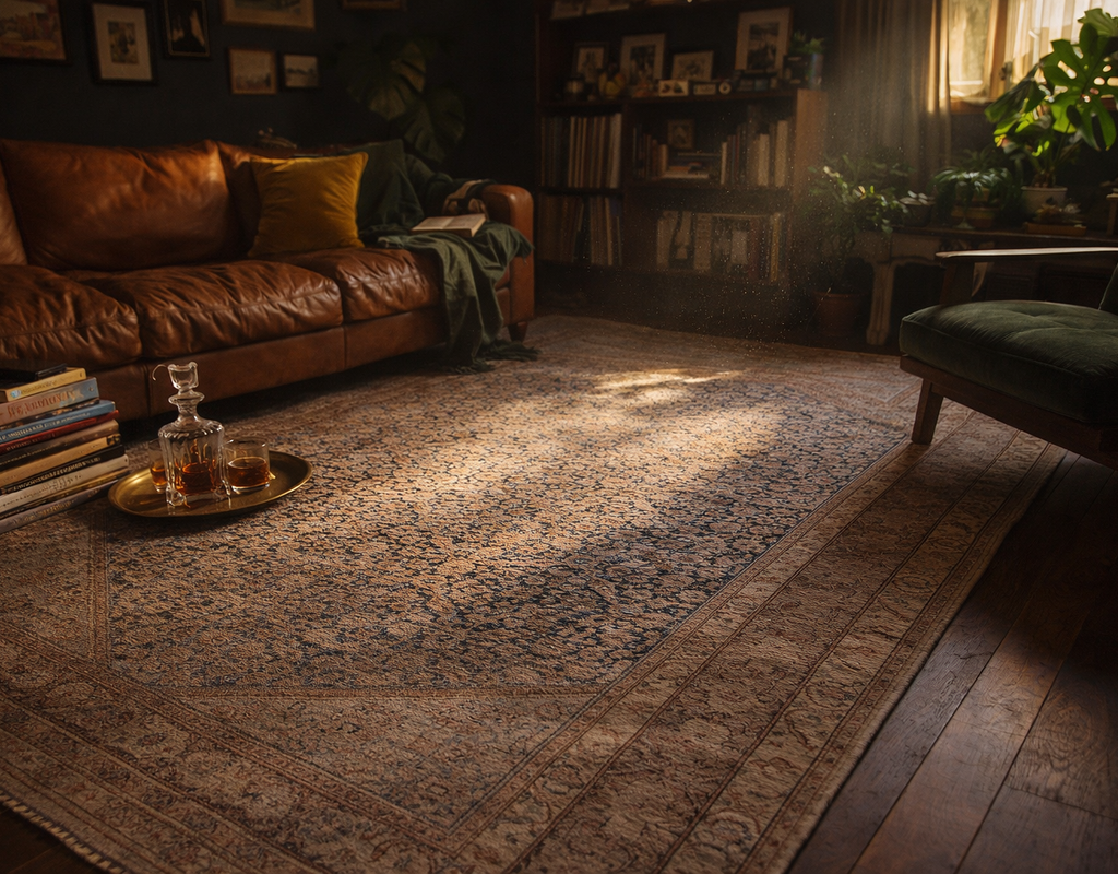 Low-angle view of a richly patterned, faded traditional area rug illuminated by a sunbeam in a dimly lit, cozy study. By rugs on net