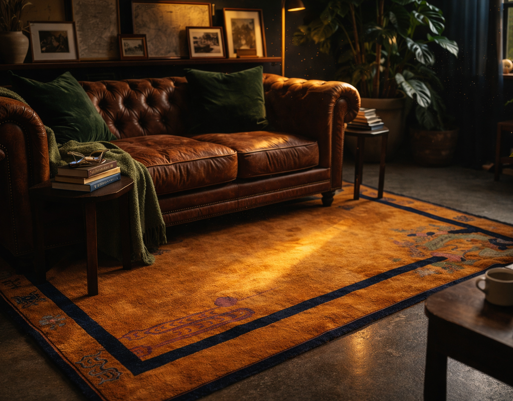 A cozy, richly colored study with a chesterfield sofa, framed art, and a vibrant orange rug. By rugs on net