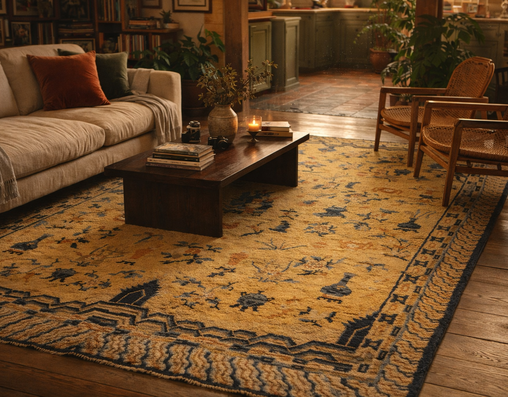A richly textured, mustard yellow and dark blue patterned rug anchors a cozy living area with a cream sofa and wooden chairs. By rugs on net