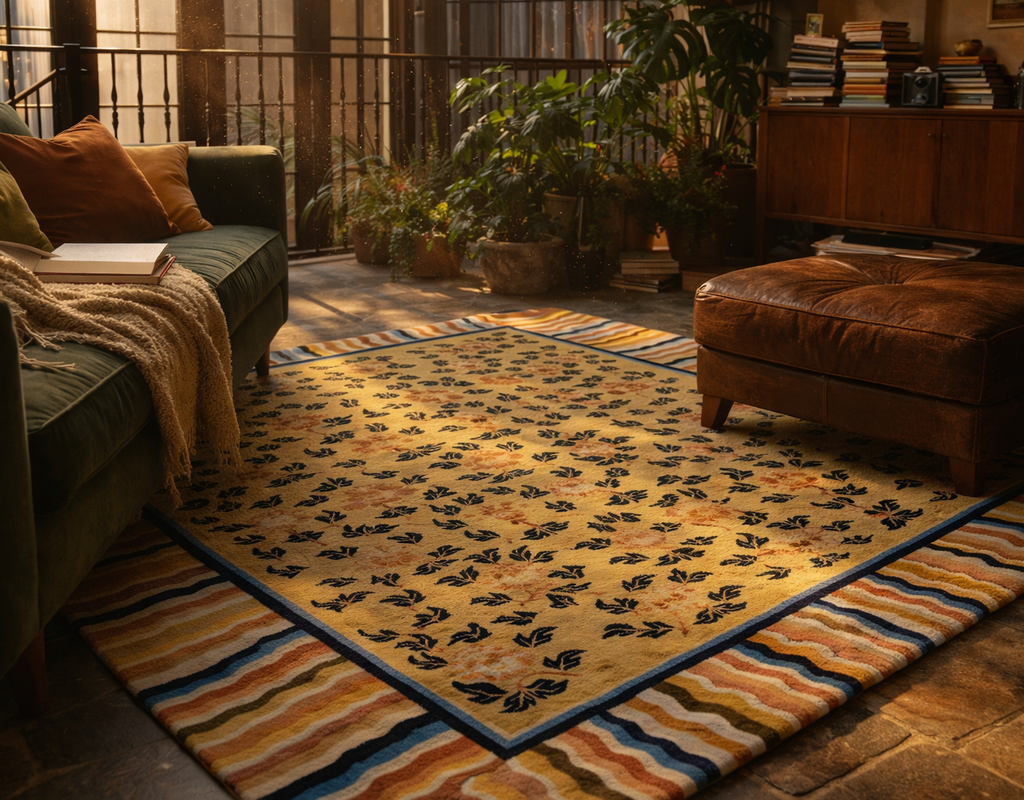 Warmly lit living space featuring a yellow floral rug, green sofa, and leather ottoman next to potted plants. By rugs on net