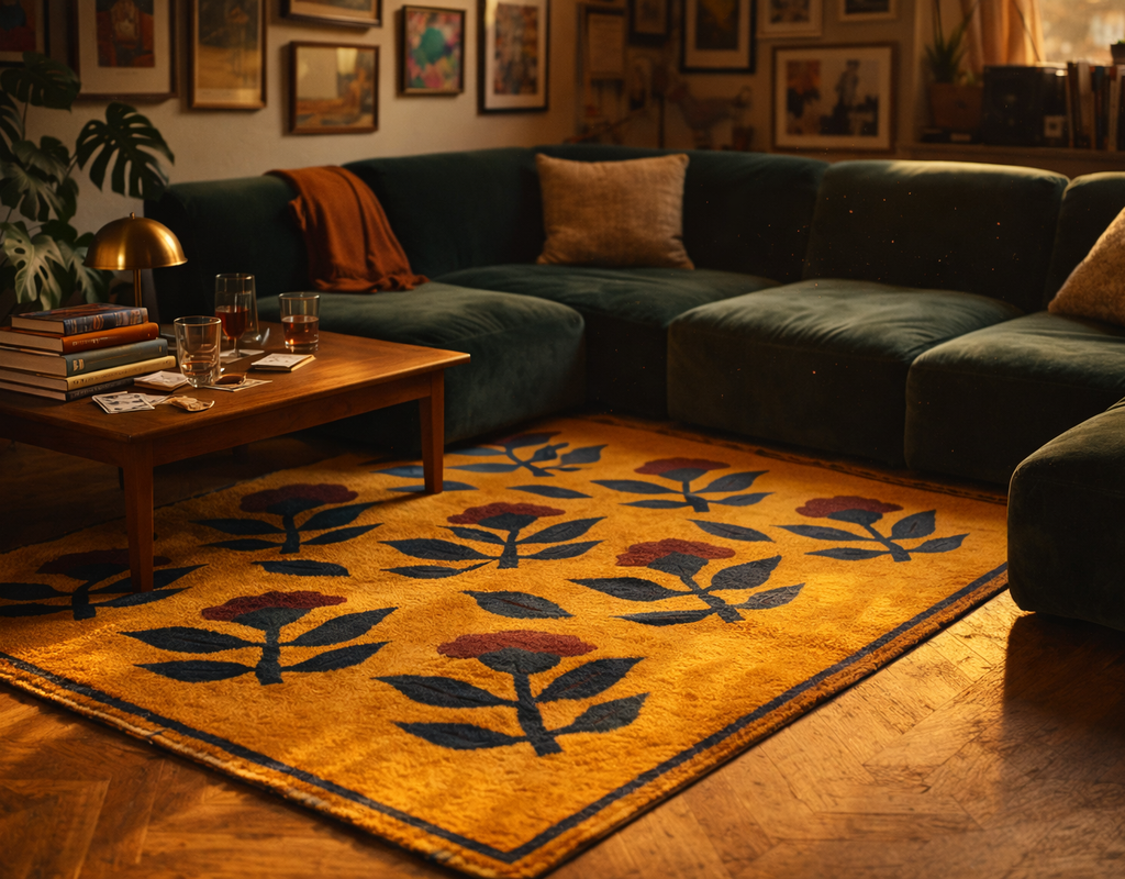Cozy living room with a mustard yellow floral rug, deep green sectional sofa, and warm lighting. By rugs on net