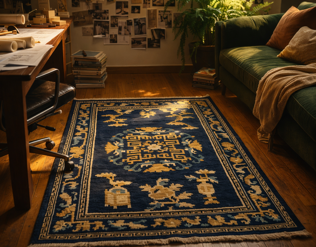 A richly patterned navy blue and gold traditional rug in a cozy home office with a green velvet sofa. By rugs on net