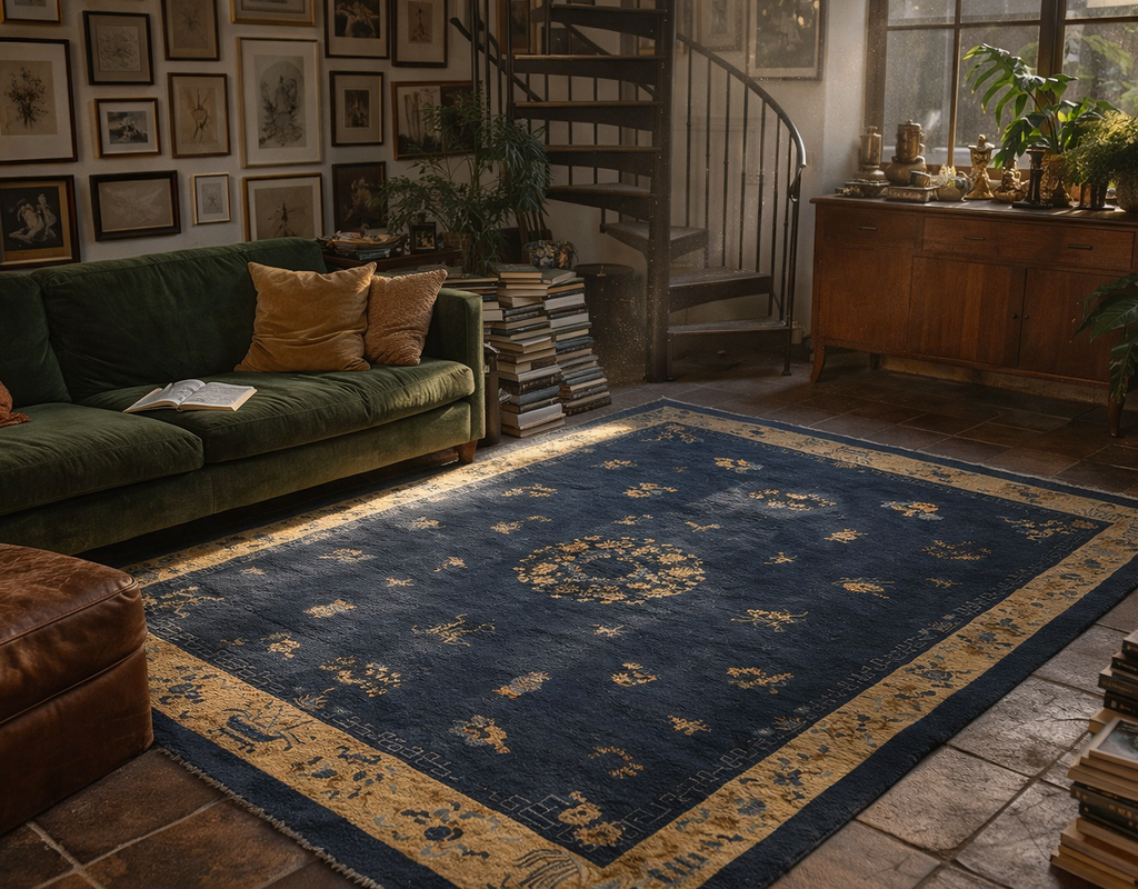 A deep navy and gold traditional area rug anchors a cozy living room with a green velvet sofa. By rugs on net