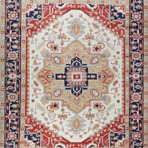 Ivory beige rug with a complex central medallion and intricate navy, gold, and ivory borders.