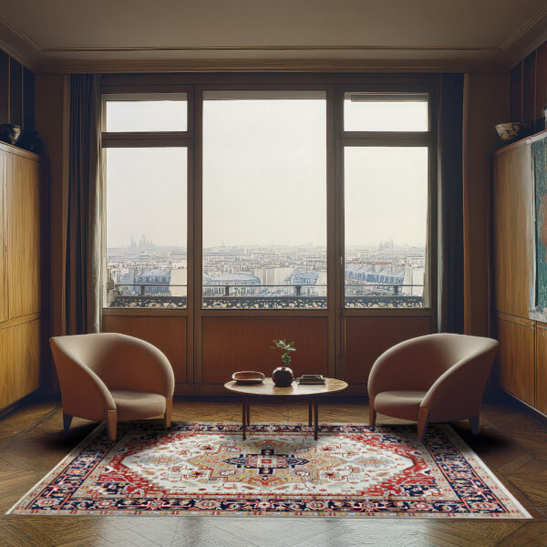 Traditional red, ivory, and beige rug with a medallion pattern grounding a bright, neutral living room.