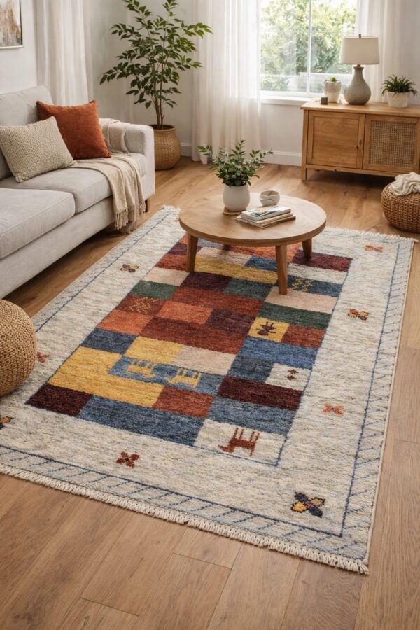 Beige rug featuring abrash stripes, primitive figures, and a red geometric border in a sunlit room.