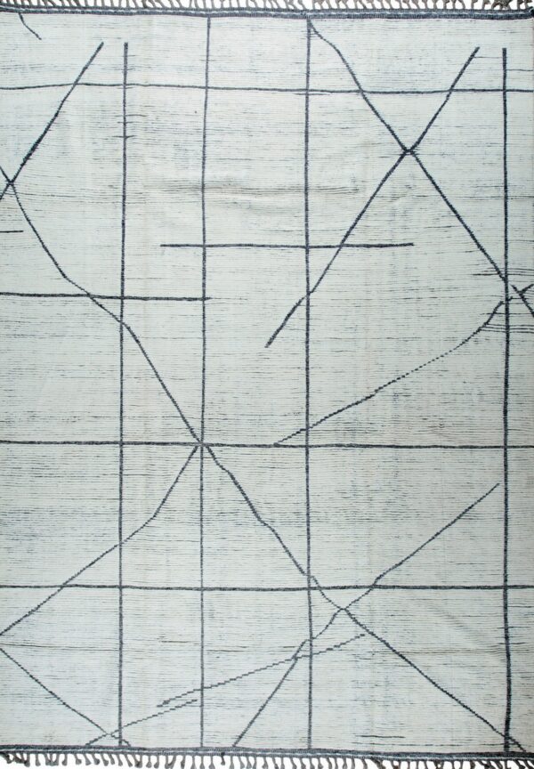 Light gray textured rug with intersecting dark gray grid lines and matching tassels on the ends.