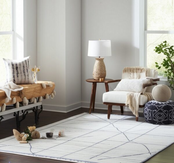Light white rug with gray diagonal lines under a beige tufted sofa on dark wood flooring.