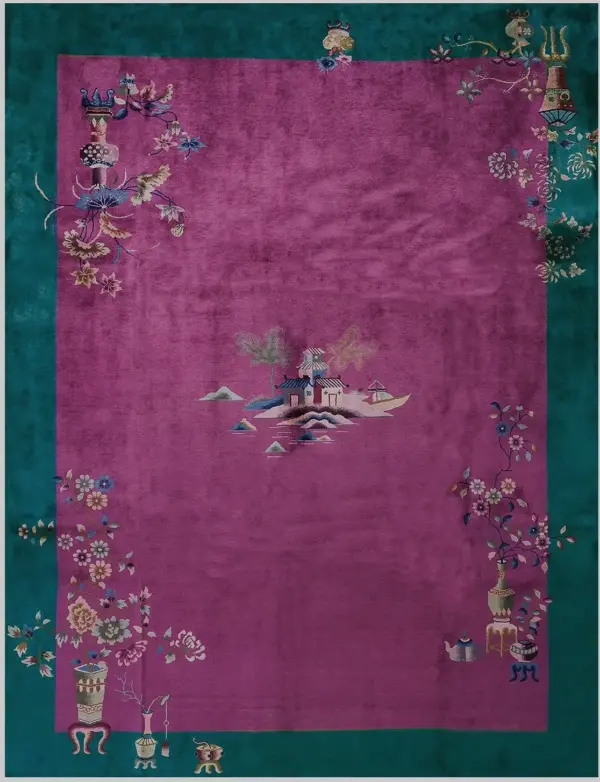 Open purple color field scenic pictorial medallion antique chinese art deco rug by rugs on net