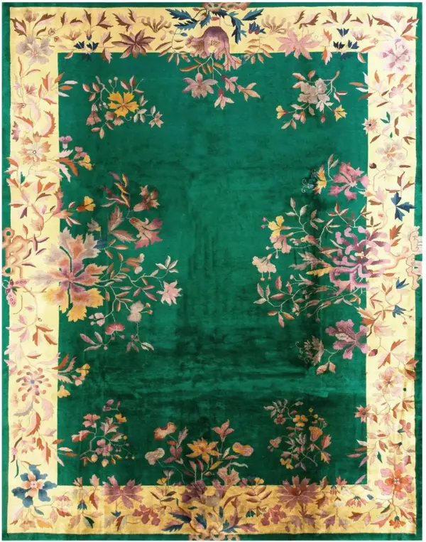 Open solid green color field antique floral room size deco chinese rug by rugs on net