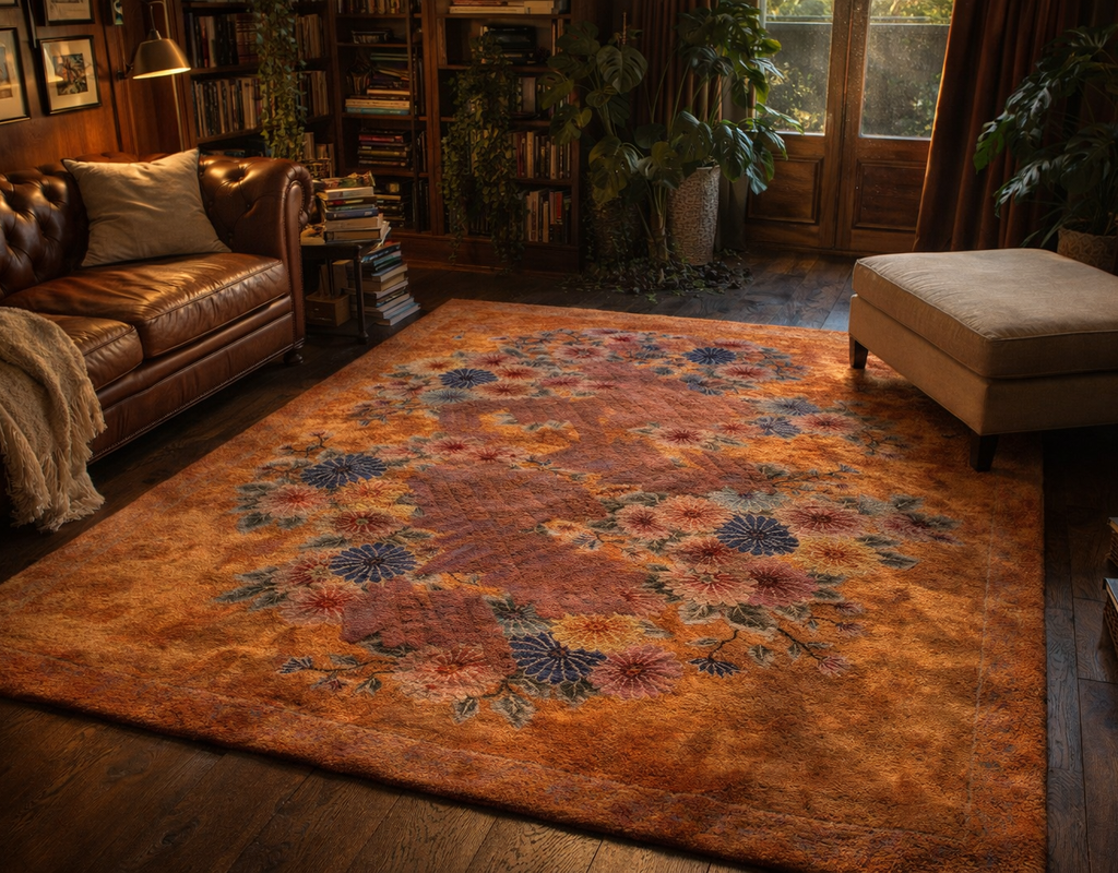 An orange rug with a vibrant floral design anchors a moody, richly decorated library or living room. By rugs on net