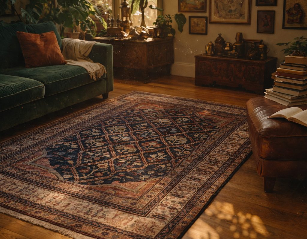 A dark blue, ornate silk pile area rug anchors a cozy, dimly lit living room with green velvet and leather accents. By rugs on net