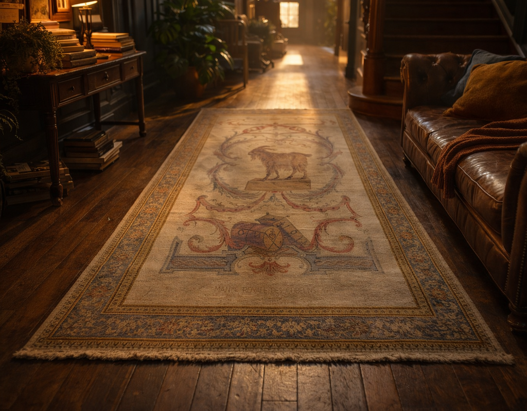 A large, ornate tapestry rug featuring a goat design lying on dark hardwood floors in a dimly lit, traditional library. By rugs on net