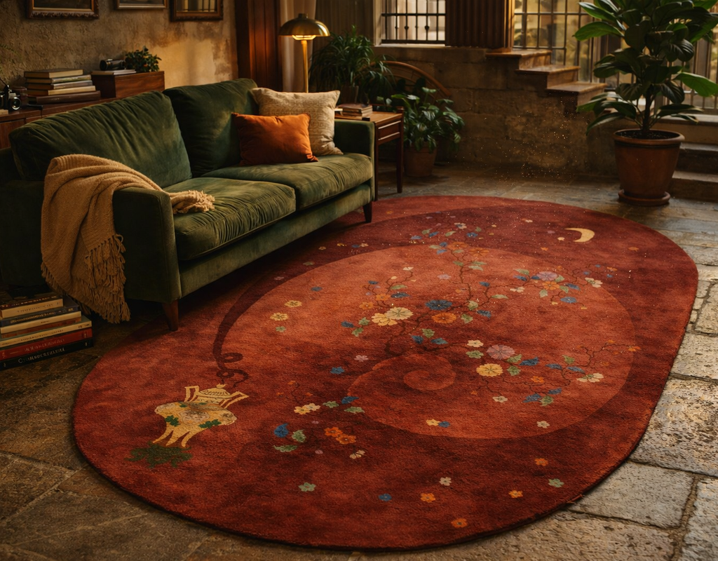 Oval rust-red rug with whimsical floral and celestial design sits on a stone floor next to a green velvet sofa. By rugs on net