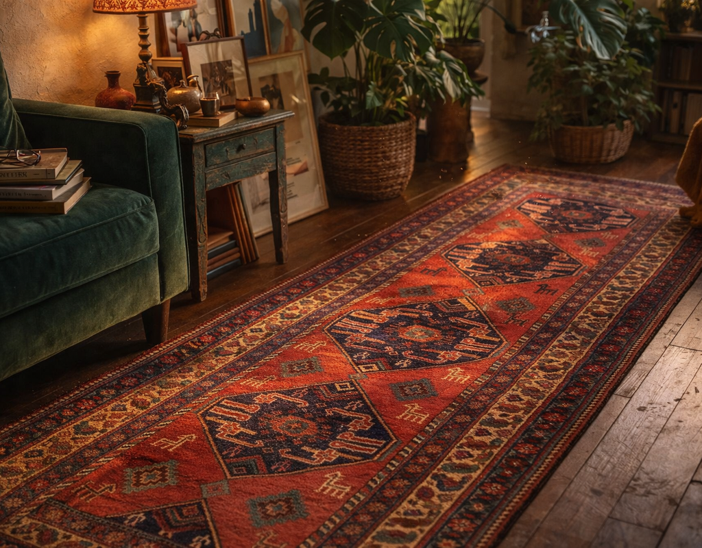 A vibrant, long runner rug with red and navy geometric patterns on a dark wood floor. By rugs on net