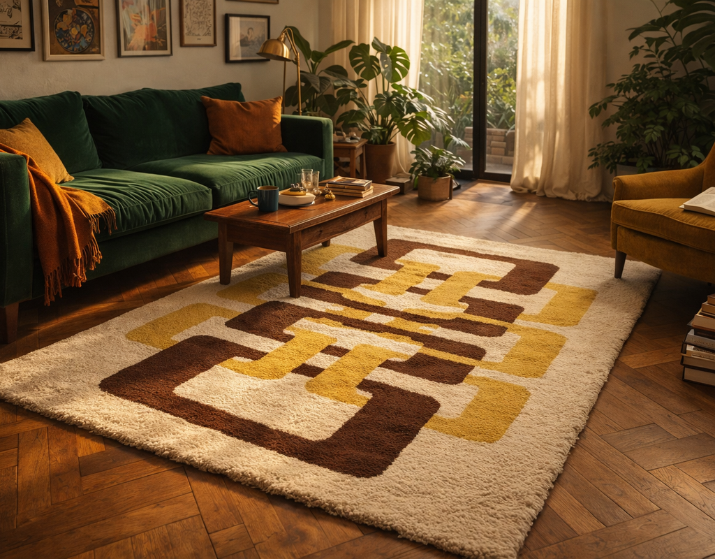 Shag rug with 70s geometric brown and mustard yellow pattern on wood floor in a sunlit living room. Rugs of sweden by rugs on net