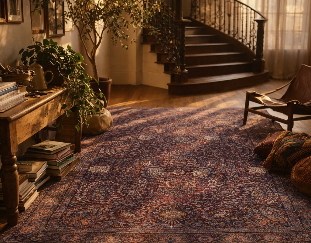A richly patterned, dark red and blue oriental rug anchors a warm entryway with a curved staircase. By rugs on net