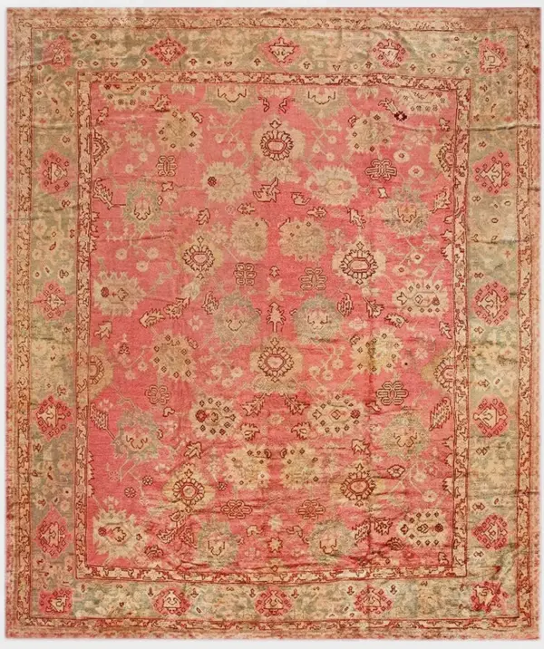 Rosy pink color allover large scale arts and crafts design big antique turkish oushak rug by rugs on net