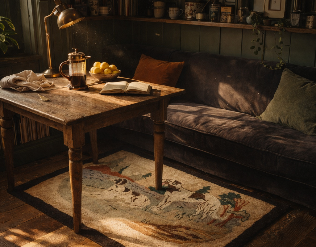 A rustic room with dark green walls, featuring a wooden table, velvet couch, and a pictorial rug showing an outdoor scene. By rugs on net