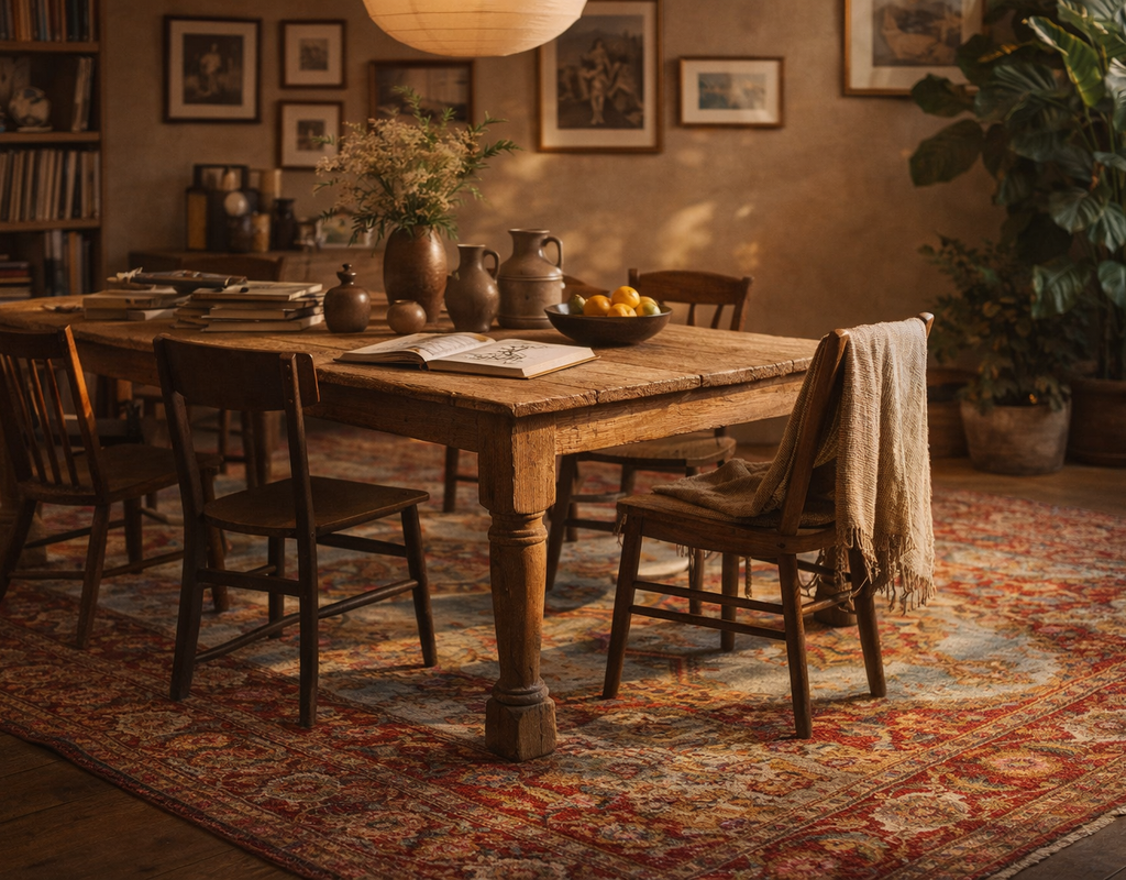 Warm, rustic dining room featuring a heavily distressed wood table and a large persian-style area rug. By rugs on net