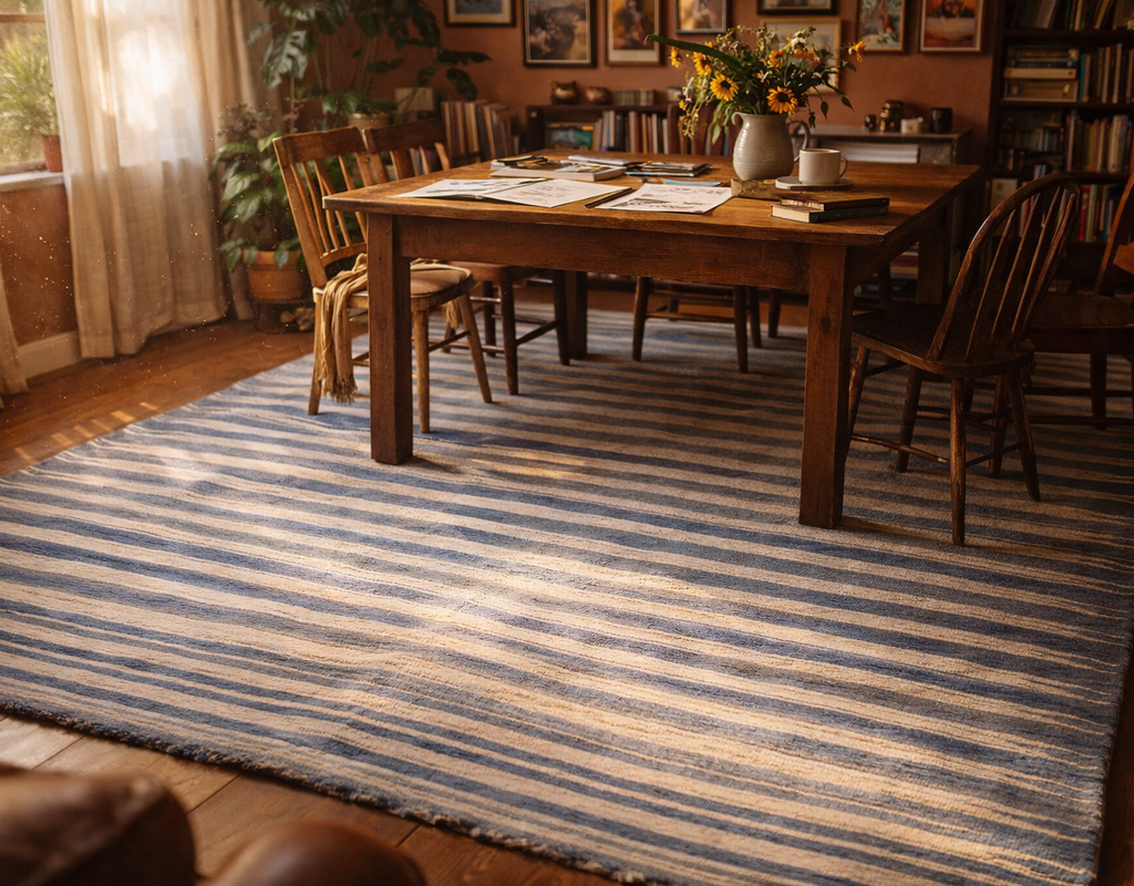 A blue and beige striped flatweave rug anchors a rustic dining area with dark wood furniture, bathed in warm sunlight. By rugs on net