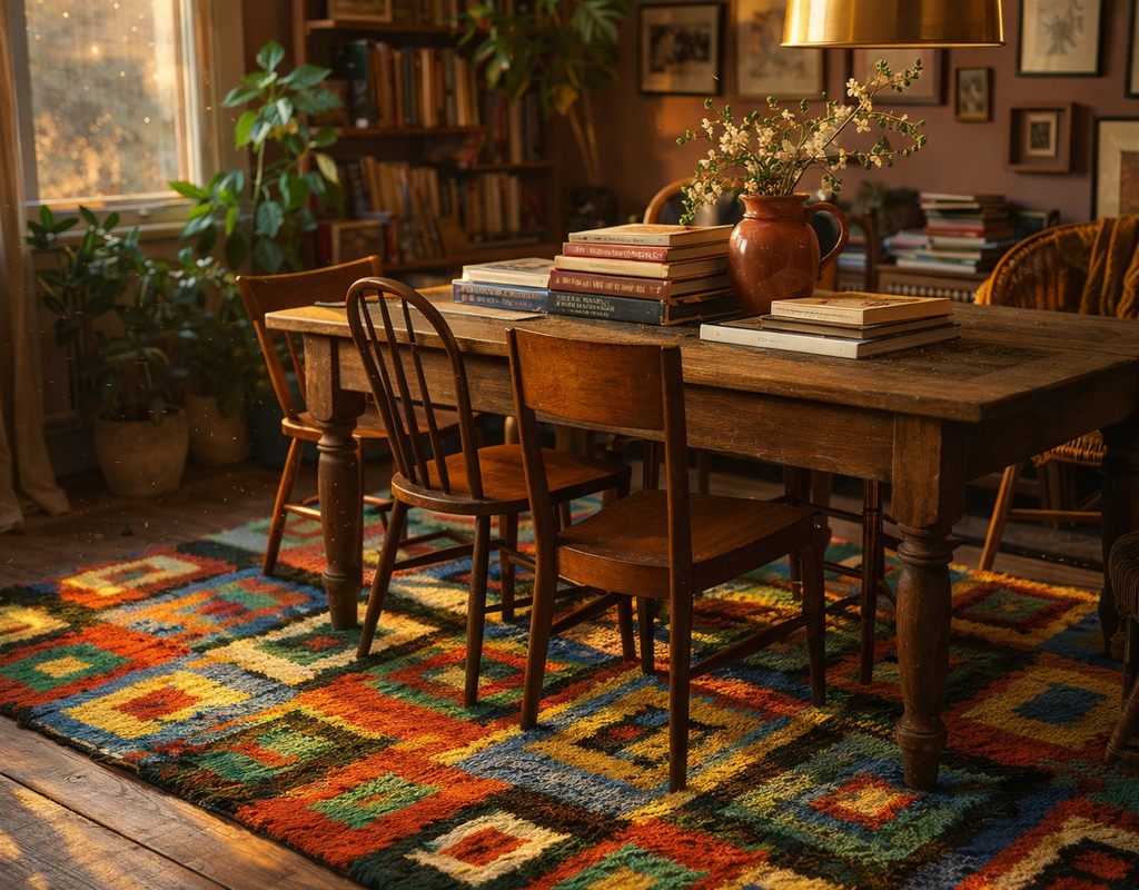 A rustic dining area featuring a colorful, geometric shag rug on a wooden floor near a sunlit window. By rugs on net