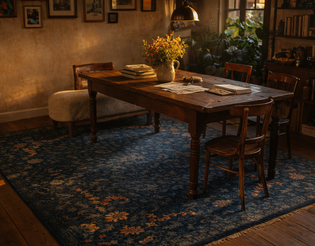Rustic dining area with a dark blue floral rug, heavy wood table, and warm, moody lighting. By rugs on net