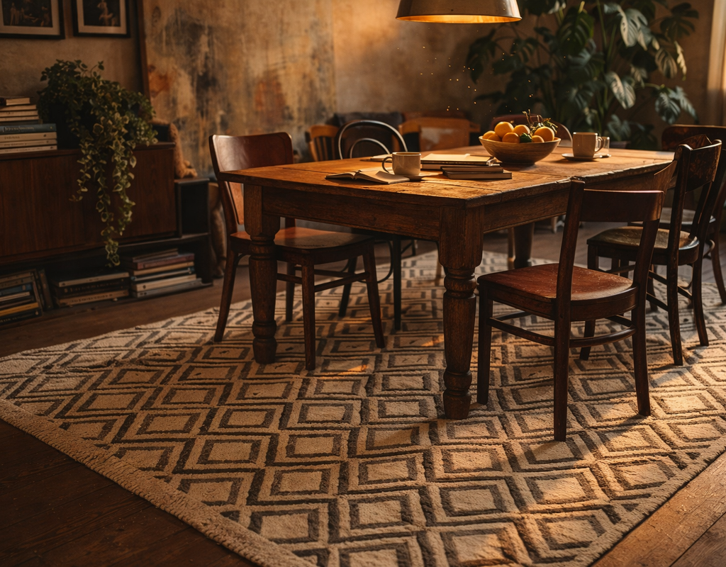 A rustic dining area with a dark wood table, brown chairs, and a cream rug with a dark geometric pattern. By rugs on net