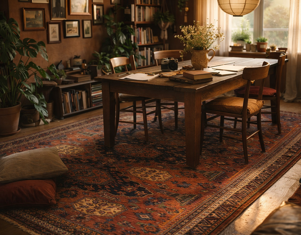 A richly patterned, dark red and blue oriental rug anchors a rustic wooden dining table surrounded by dark wood chairs. By rugs on net