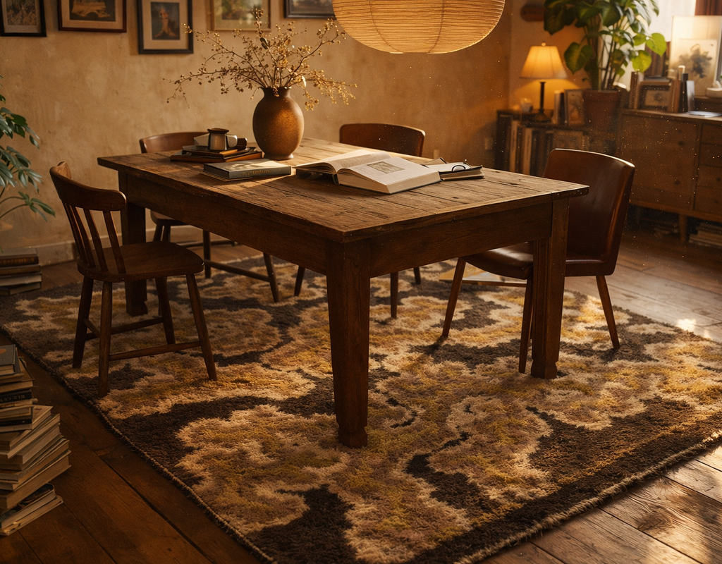 Rustic dining area featuring a dark wood table, mismatched chairs, and a shag rug with abstract brown and gold patterns. By rugs on net