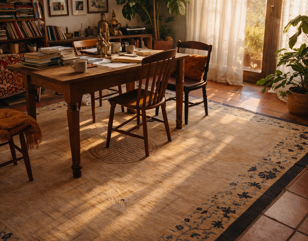 Warmly lit dining area with a vintage wooden table, spindle-back chairs, and a light-colored area rug. By rugs on net