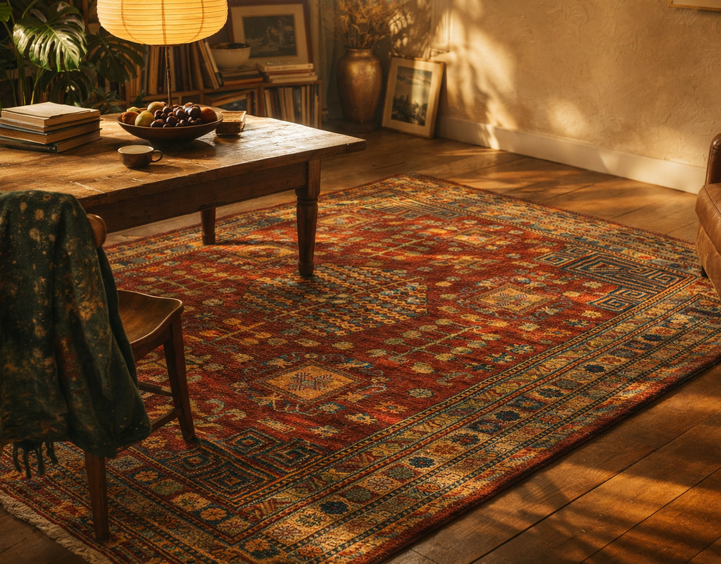 Warm, richly colored traditional rug anchoring a rustic wooden dining area bathed in golden light. By rugs on net