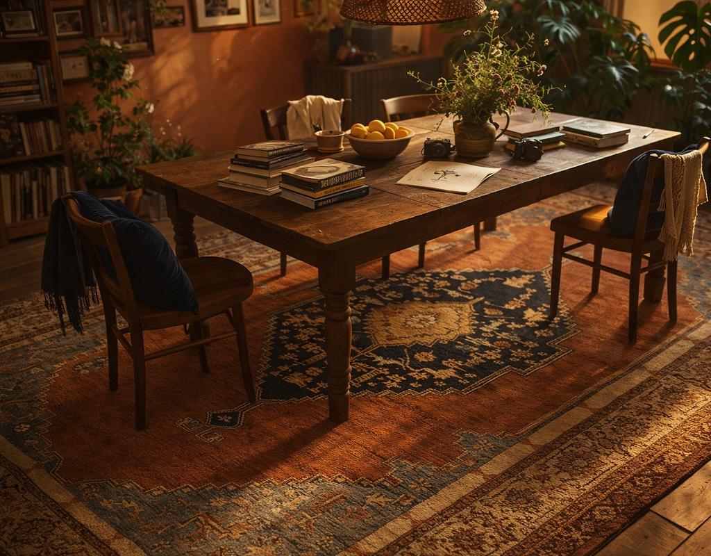 A richly colored, distressed area rug featuring deep rust, navy blue, and cream accents under a rustic wooden dining table. By rugs on net