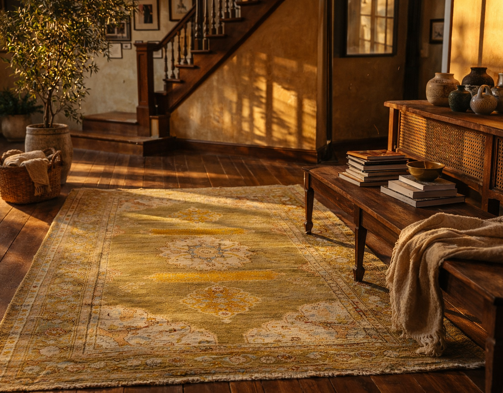 A richly toned, olive-green oriental rug with yellow and cream medallions warms a rustic room bathed in golden sunlight. By rugs on net