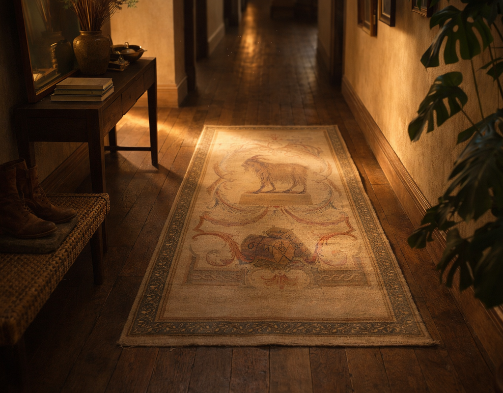 A narrow, vintage rug with a central animal motif laid on a dark wooden hallway floor. By rugs on net