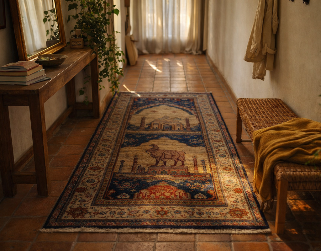 An oriental runner rug with animal motif lies on terracotta tile in a sunlit, rustic hallway. Rugs of india by rugs on net