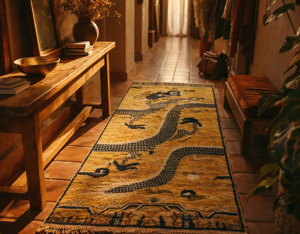 A bright yellow and navy runner rug with a large serpentine dragon pattern in a warm, rustic hallway. By rugs on net