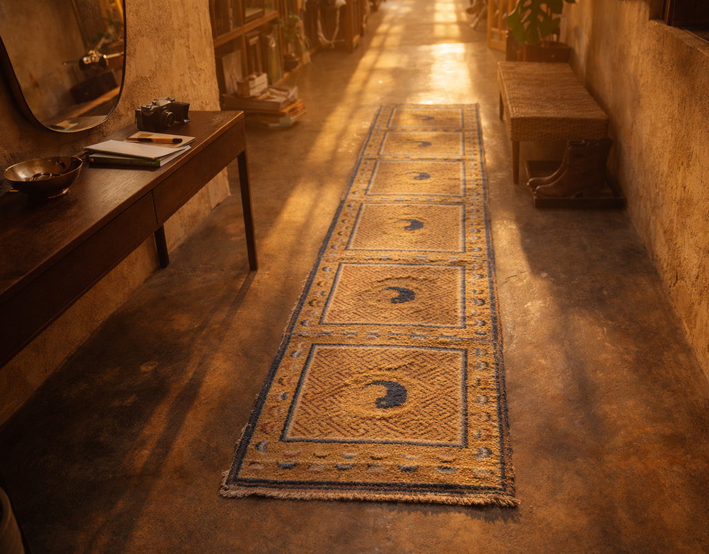 A long runner rug with yellow, blue, and dark motifs in a warmly lit, rustic hallway. By rugs on net