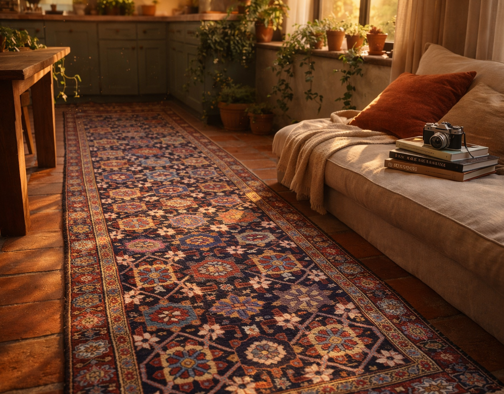 Long runner rug with deep blue and warm tones on terracotta floor next to a cozy beige sofa. By rugs on net