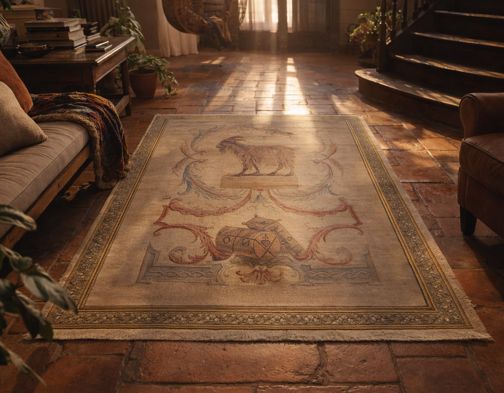 A rectangular rug with a central goat motif lies on a terracotta tile floor in a warmly lit, rustic living area. By rugs on net