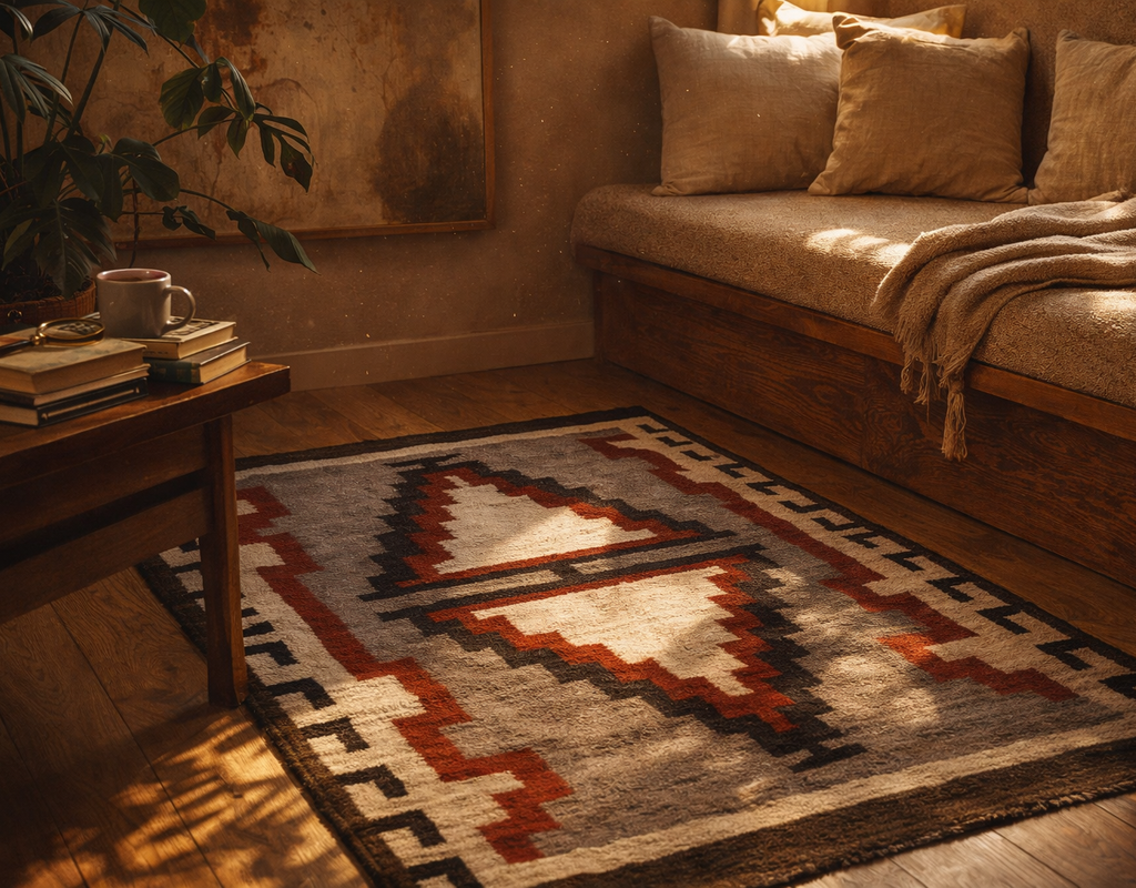 Southwestern style area rug with geometric patterns on a wooden floor next to a low wooden table. By rugs on net