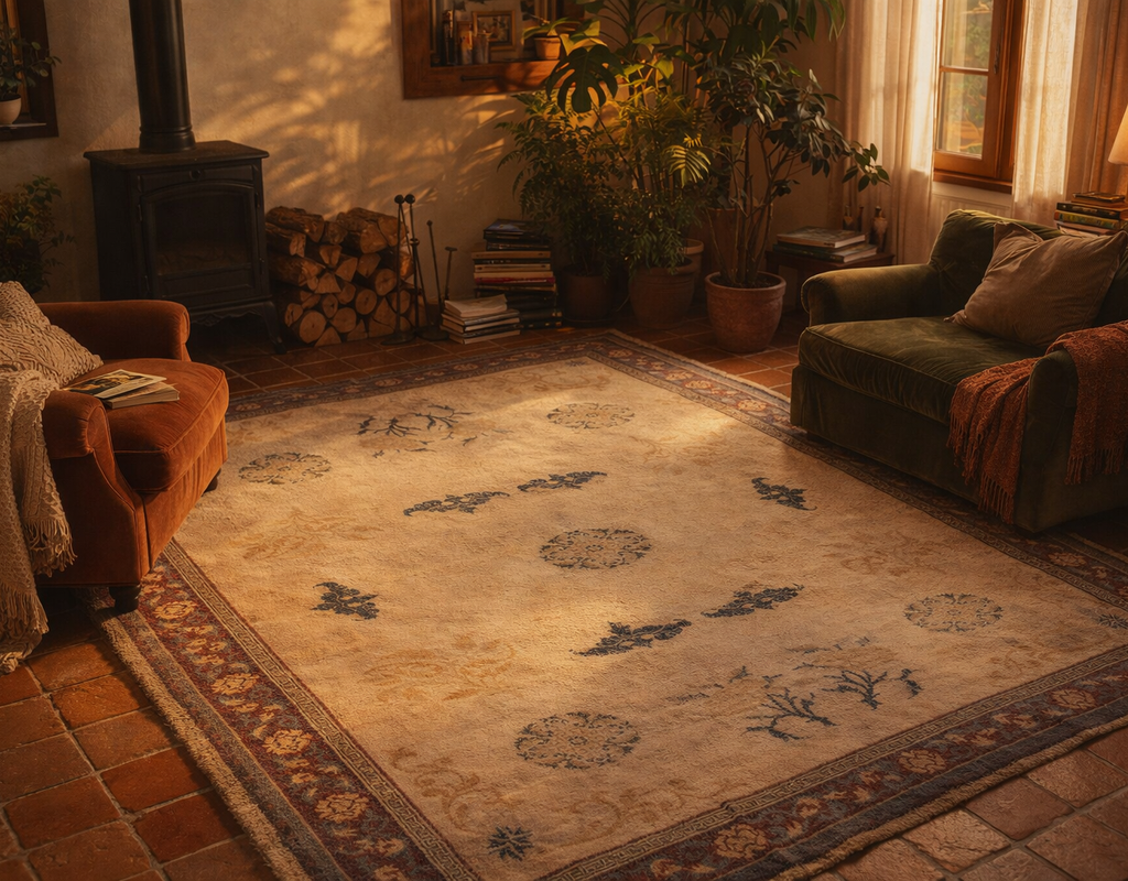 Warm, rustic living room featuring a large cream and blue patterned rug, a wood stove, and plush seating. By rugs on net