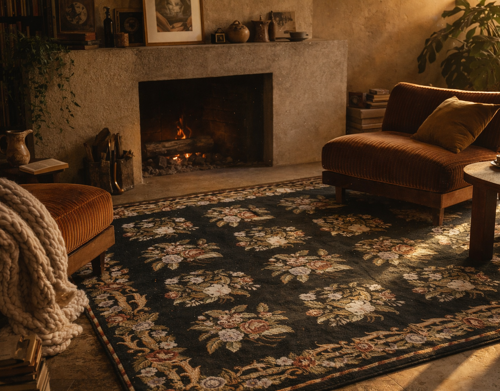 Cozy living room with a roaring fireplace, featuring two burnt-orange chairs and a dark floral tapestry rug. By rugs on net