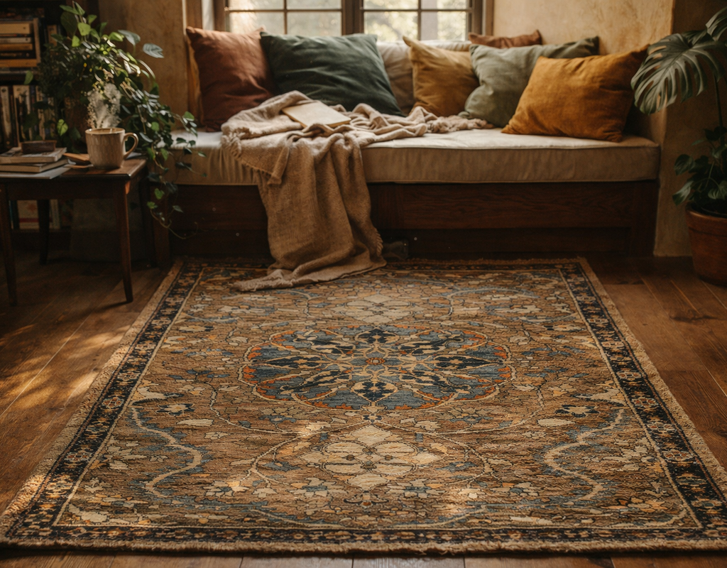 A richly patterned, earth-toned 5 pointed star area rug anchors a cozy reading nook with built-in seating by a sunlit window. By rugs on net