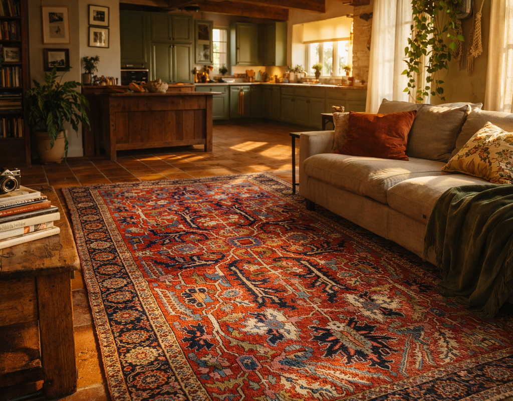 A richly patterned, traditional red and blue oriental rug anchors a cozy living area adjacent to a green kitchen. By rugs on net