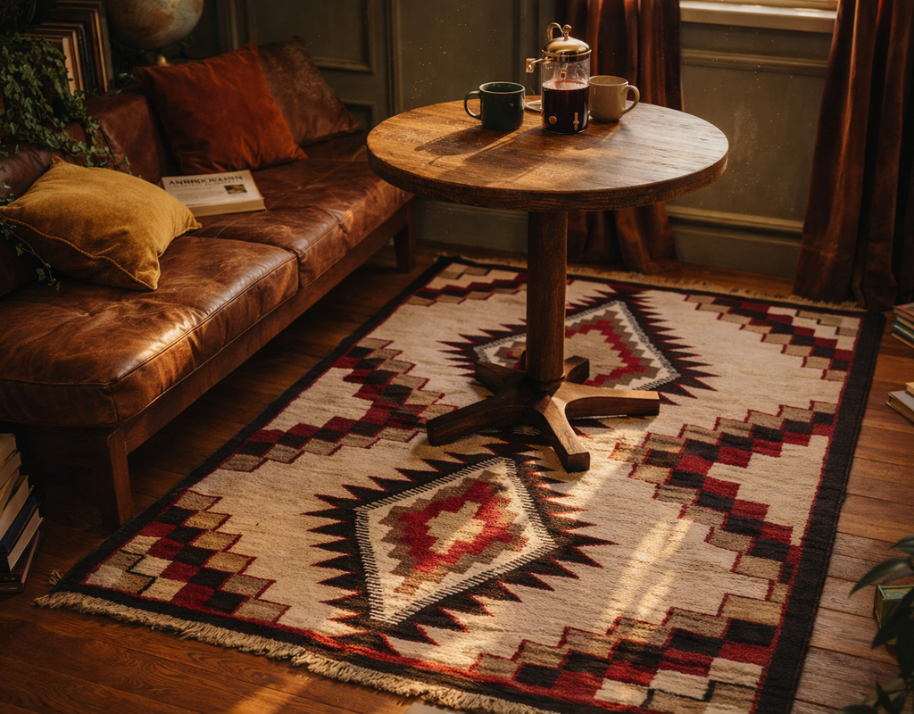 A southwestern style rug with geometric patterns anchors a cozy reading nook featuring a leather sofa. By rugs on net