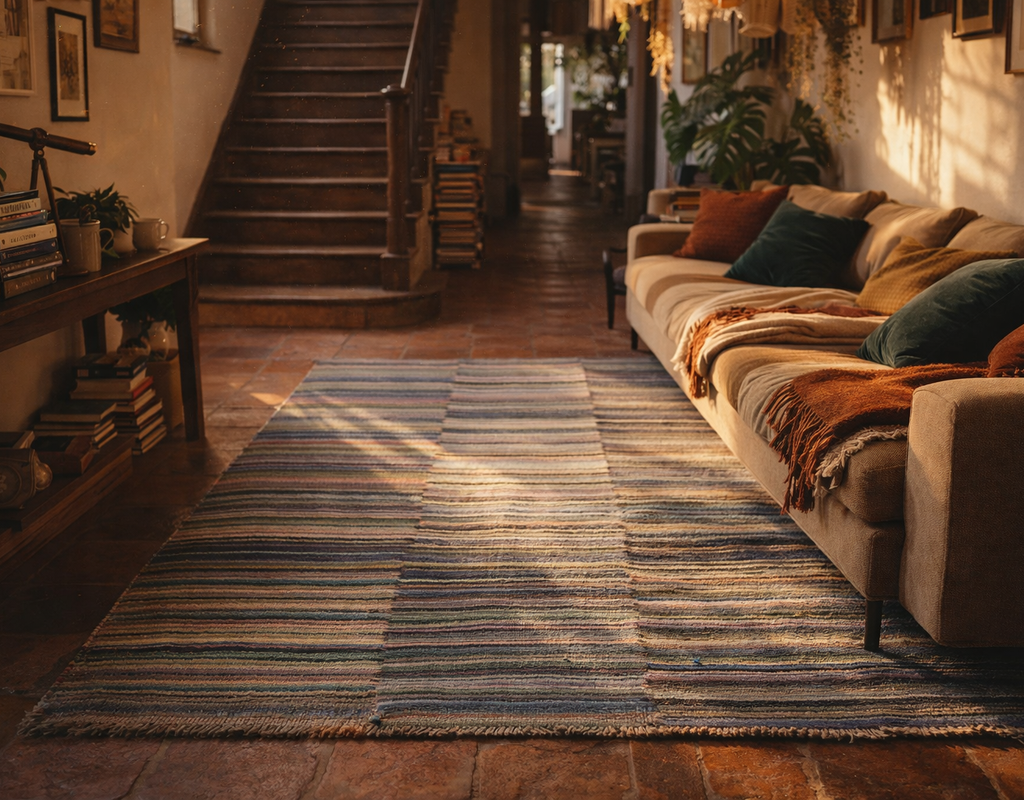 A colorful striped runner rug sits on terracotta tiles in a warmly lit room next to a beige sofa. By rugs on net