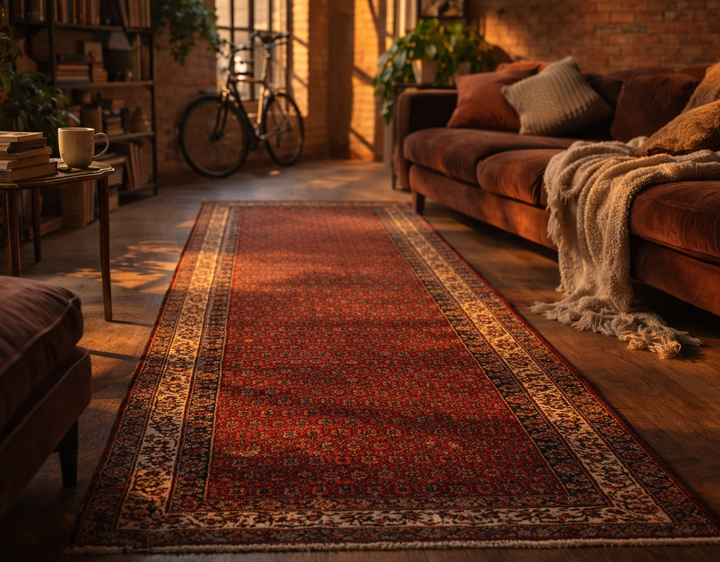 Long, richly patterned red runner rug laid on a wooden floor in a warmly lit, rustic living space. By rugs on net